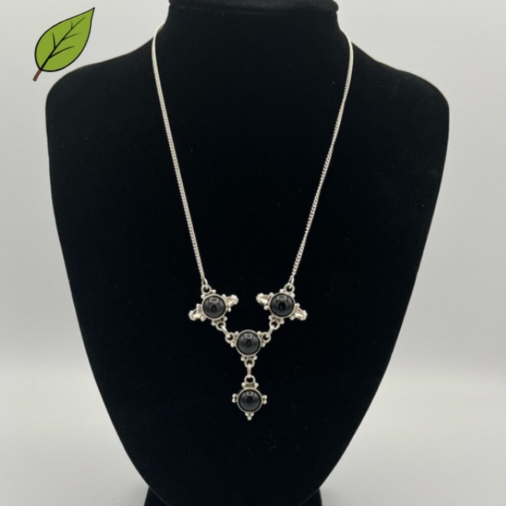 Ornate 925 Sterling Silver Necklace – Black Stone Statement Piece
